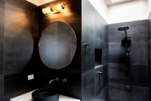 Dark bathroom renovation - Qualitas Builders Auckland - photographed by Image_Lounge-3040 banner